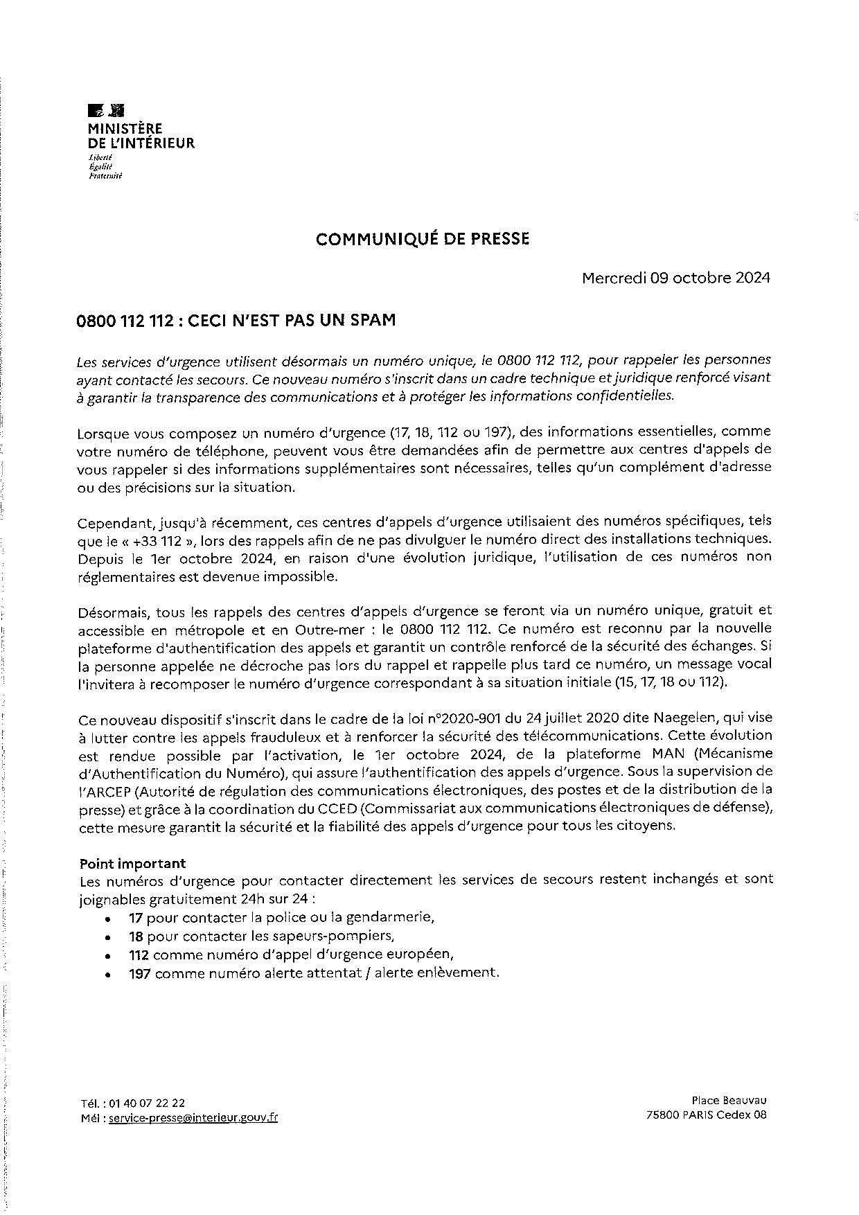 Communique presse services secours